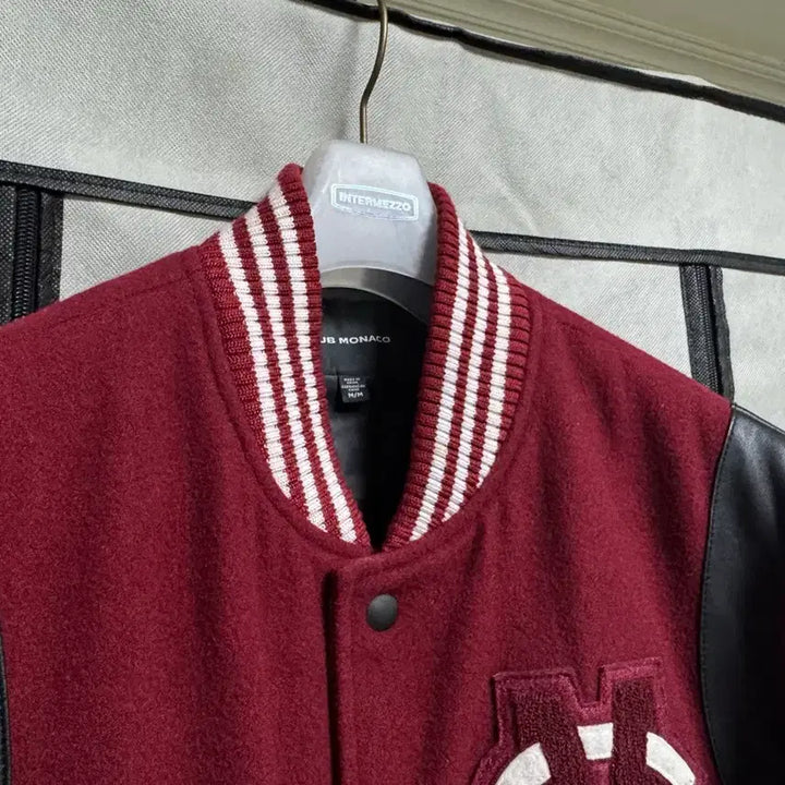 [BUNJANG] Club Monaco Leather Patch Burgundy Varsity Jacket / 클럽모나코 양가죽 패치 버건디 자켓 블루종 M