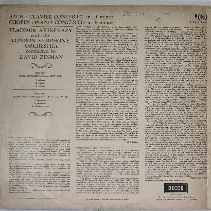 [BUNJANG] Vladimir Ashkenazy Bach &amp; Chopin LP (Import) / LP 블라디미르 아슈케나지 - 바흐 협주곡 (수입반)
