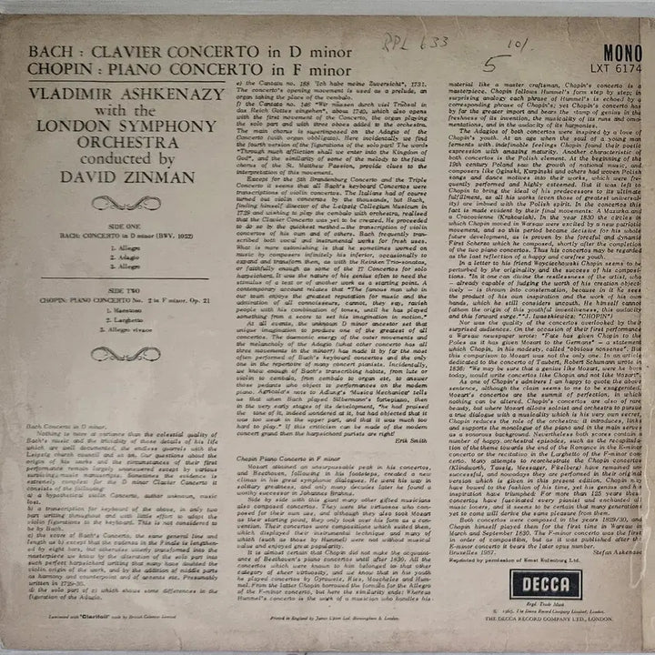 [BUNJANG] Vladimir Ashkenazy Bach &amp; Chopin LP (Import) / LP 블라디미르 아슈케나지 - 바흐 협주곡 (수입반)