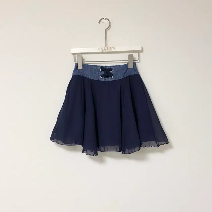 [BUNJANG] Denim Lace-Up Navy Mini Skirt / 데님 레이스업 청 네이비 속바지 쉬폰 A라인 밴딩 플레어 미니 스커트