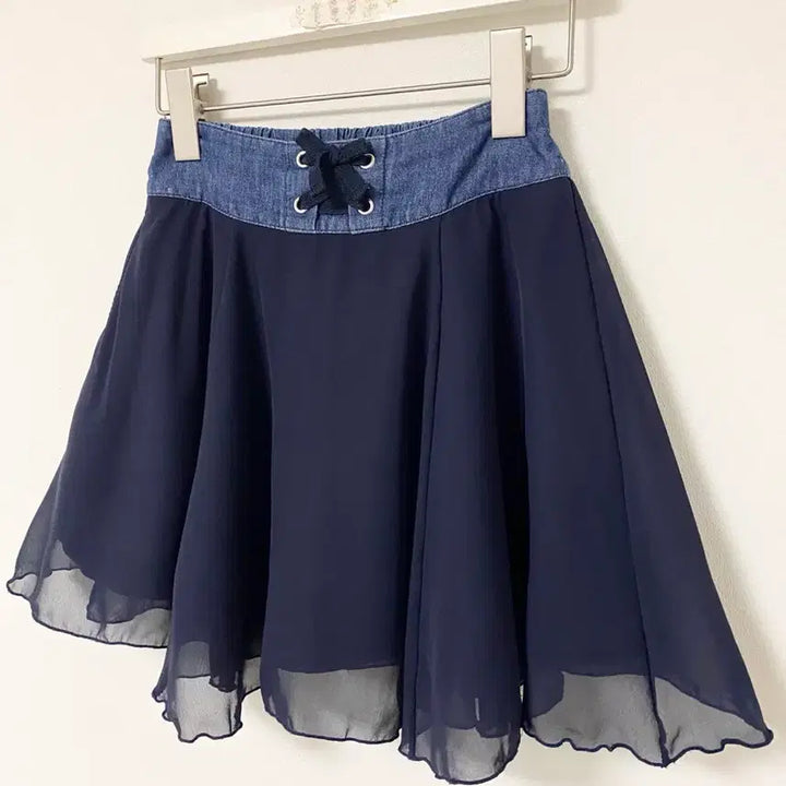 [BUNJANG] Denim Lace-Up Navy Mini Skirt / 데님 레이스업 청 네이비 속바지 쉬폰 A라인 밴딩 플레어 미니 스커트