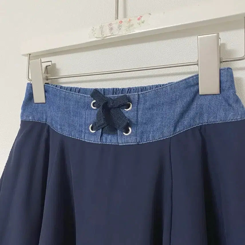 [BUNJANG] Denim Lace-Up Navy Mini Skirt / 데님 레이스업 청 네이비 속바지 쉬폰 A라인 밴딩 플레어 미니 스커트