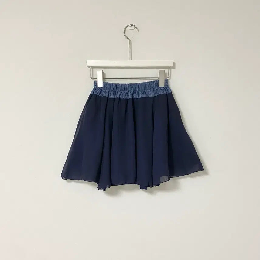 [BUNJANG] Denim Lace-Up Navy Mini Skirt / 데님 레이스업 청 네이비 속바지 쉬폰 A라인 밴딩 플레어 미니 스커트
