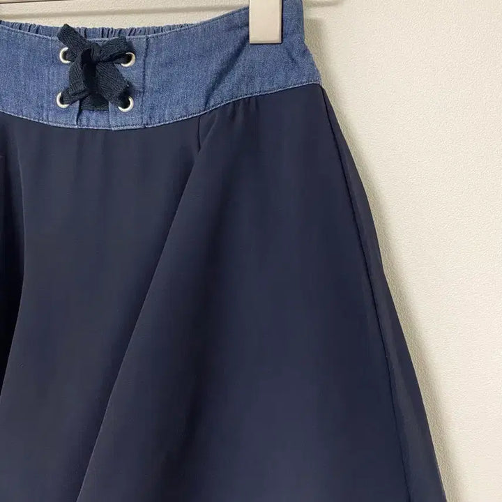 [BUNJANG] Denim Lace-Up Navy Mini Skirt / 데님 레이스업 청 네이비 속바지 쉬폰 A라인 밴딩 플레어 미니 스커트