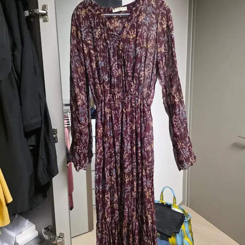 [BUNJANG] Floral Burgundy Chiffon Long Dress / 플라워 롱 원피스 버건디 쉬폰