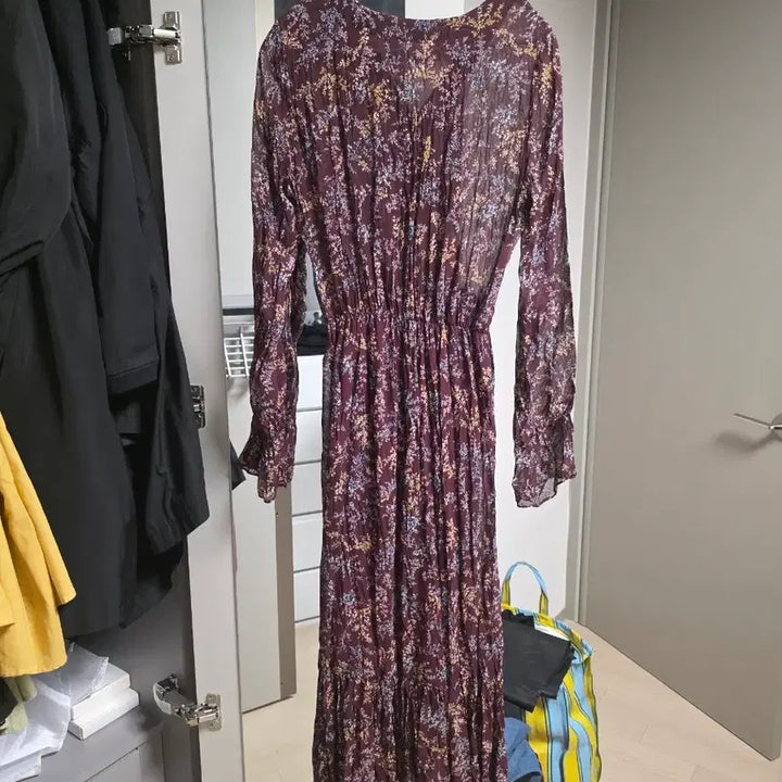 [BUNJANG] Floral Burgundy Chiffon Long Dress / 플라워 롱 원피스 버건디 쉬폰