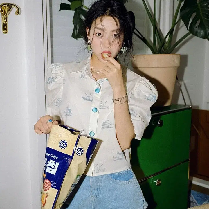 [BUNJANG] Sindeun Ivory Monkey Crop Blouse Shirt S / 신스덴 아이보리 몽키크롭 블라우스 셔츠 S