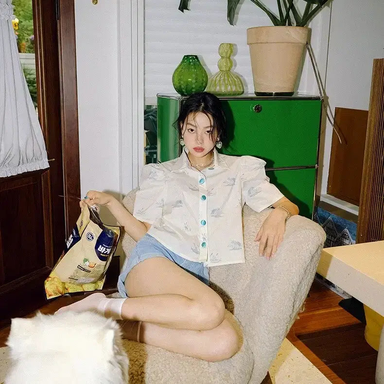 [BUNJANG] Sindeun Ivory Monkey Crop Blouse Shirt S / 신스덴 아이보리 몽키크롭 블라우스 셔츠 S