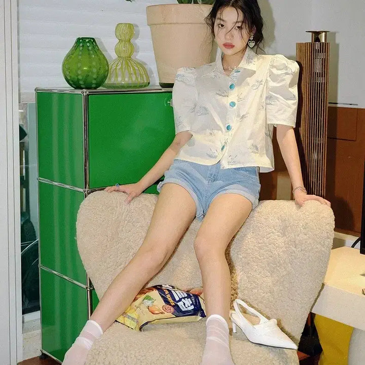 [BUNJANG] Sindeun Ivory Monkey Crop Blouse Shirt S / 신스덴 아이보리 몽키크롭 블라우스 셔츠 S