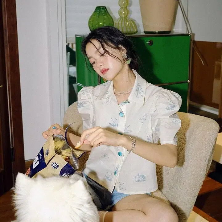 [BUNJANG] Sindeun Ivory Monkey Crop Blouse Shirt S / 신스덴 아이보리 몽키크롭 블라우스 셔츠 S