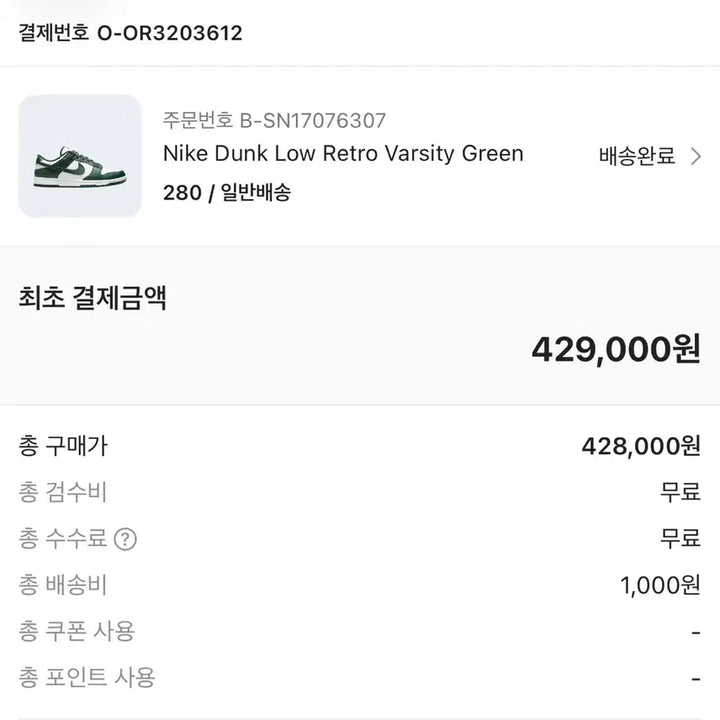 [BUNJANG] Nike Dunk Low Retro Varsity Green Sneakers / 나이키 덩크 로우 레트로 바시티 그린