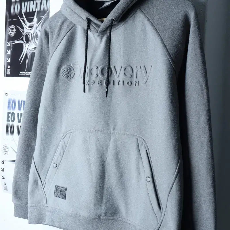 [BUNJANG] W(L) Discovery Hooded Sweatshirt Gray Leather Detail / W(L) 디스커버리 후드티셔츠 가죽하자 그레이 기모 올드스쿨-17879