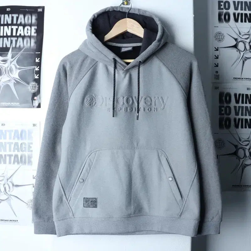[BUNJANG] W(L) Discovery Hooded Sweatshirt Gray Leather Detail / W(L) 디스커버리 후드티셔츠 가죽하자 그레이 기모 올드스쿨-17879