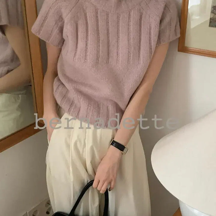 [BUNJANG] Comehere Cable Knit Polo Shirt / 컴히얼 목폴라 꽈배기 반팔니트