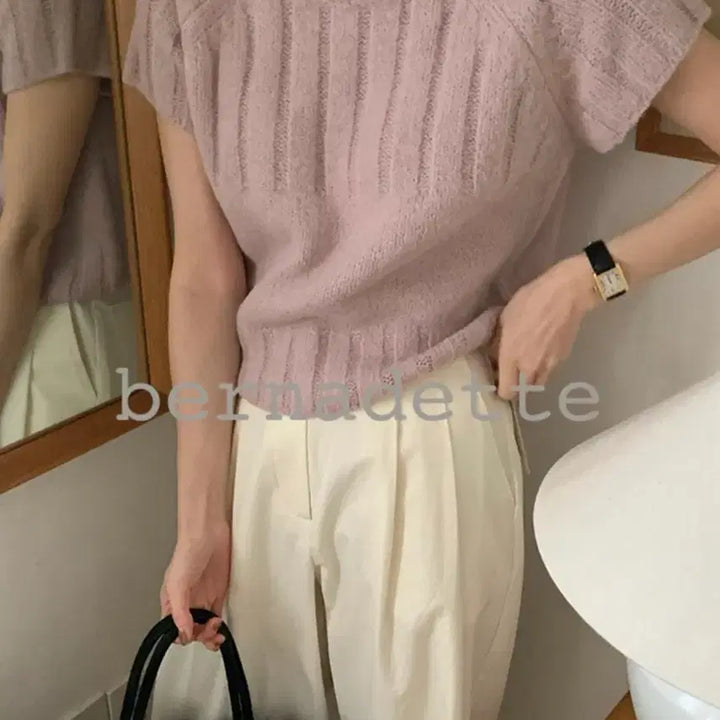 [BUNJANG] Comehere Cable Knit Polo Shirt / 컴히얼 목폴라 꽈배기 반팔니트
