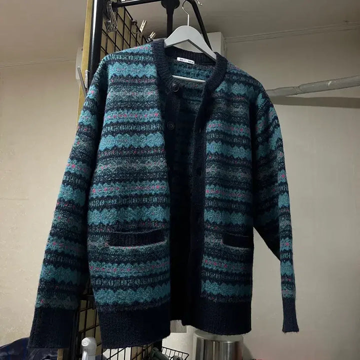 [BUNJANG] GU Fair Isle Puff Knit Cardigan / (m사이즈) GU 페어아일 퍼프니트 가디건 /유니클로