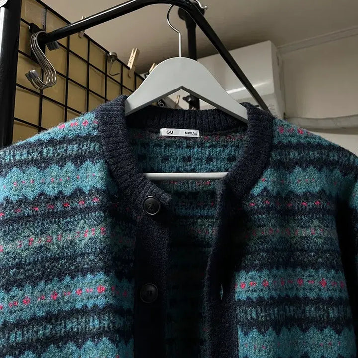 [BUNJANG] GU Fair Isle Puff Knit Cardigan / (m사이즈) GU 페어아일 퍼프니트 가디건 /유니클로