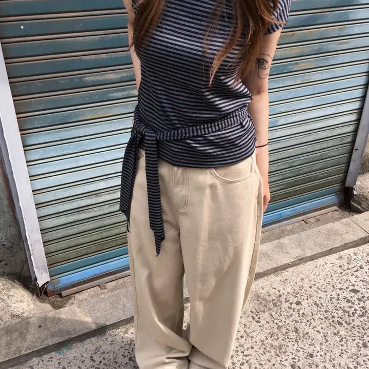 [BUNJANG] Striped Half-Open T-Shirt / 단가라 반오픈티