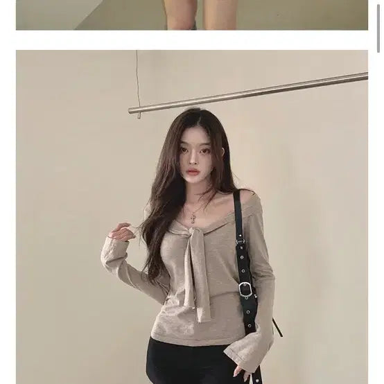 [BUNJANG] Classic Blanc V-Neck Off-Shoulder Tie Knit Beige / 클래식블랑 레코드 브이넥 오프숄더 타이 니트 베이지 새상품