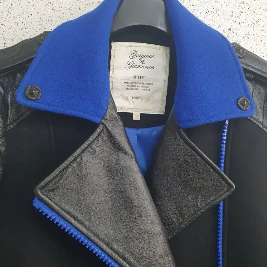 [BUNJANG] JESSI New York Leather-Accent Black and Blue Jacket / JESSI 뉴욕 가죽배색 블랙 블루 자켓