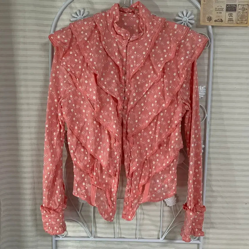 [BUNJANG] Vintage Pink Floral Lace Blouse / 빈티지 핑크 플라워 패턴 레이스 블라우스 958 y2k 스트릿 갸루 펑키