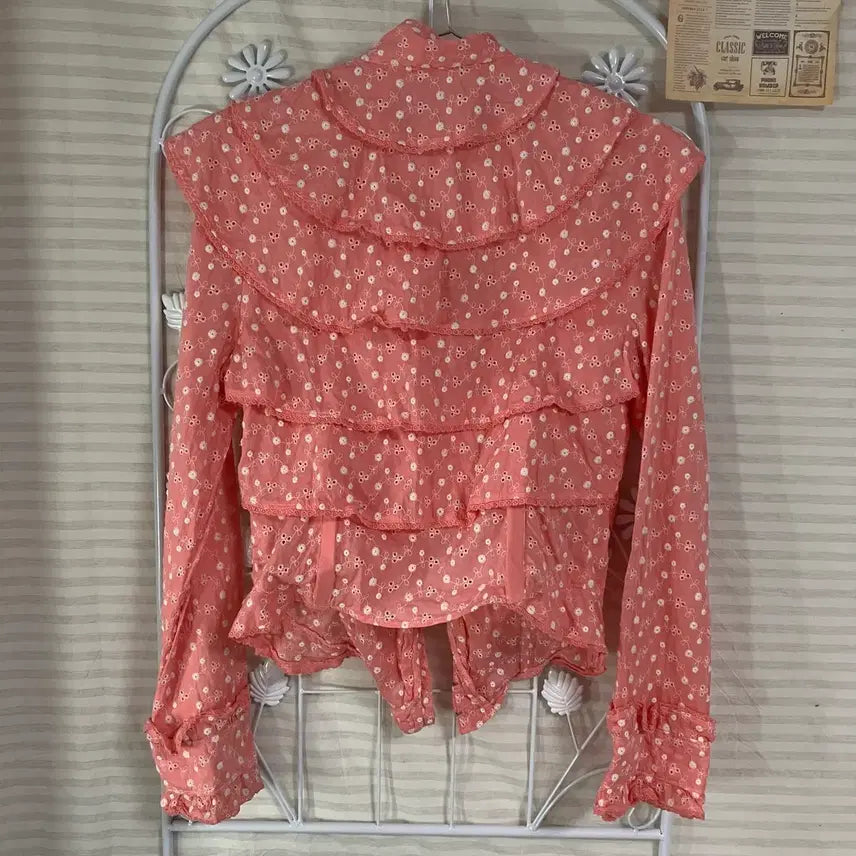 [BUNJANG] Vintage Pink Floral Lace Blouse / 빈티지 핑크 플라워 패턴 레이스 블라우스 958 y2k 스트릿 갸루 펑키