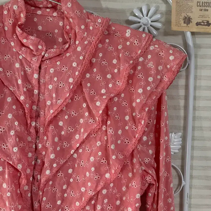 [BUNJANG] Vintage Pink Floral Lace Blouse / 빈티지 핑크 플라워 패턴 레이스 블라우스 958 y2k 스트릿 갸루 펑키