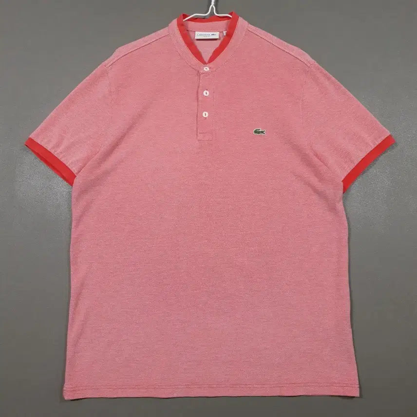 [BUNJANG] Lacoste Henley Neck Polo Shirt Red / 105) 라코스테 신형 배색 포인트 헨리넥 반팔 카라티 폴로 셔츠 레드