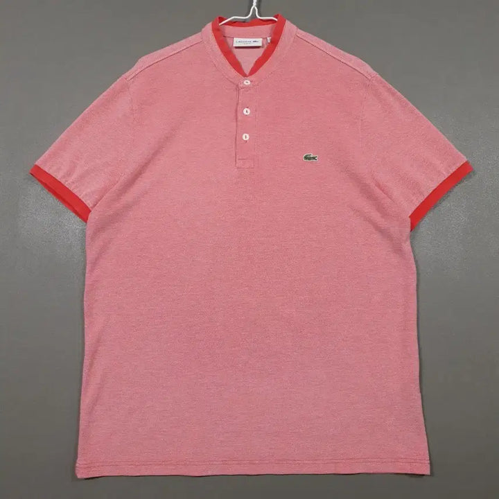 [BUNJANG] Lacoste Henley Neck Polo Shirt Red / 105) 라코스테 신형 배색 포인트 헨리넥 반팔 카라티 폴로 셔츠 레드