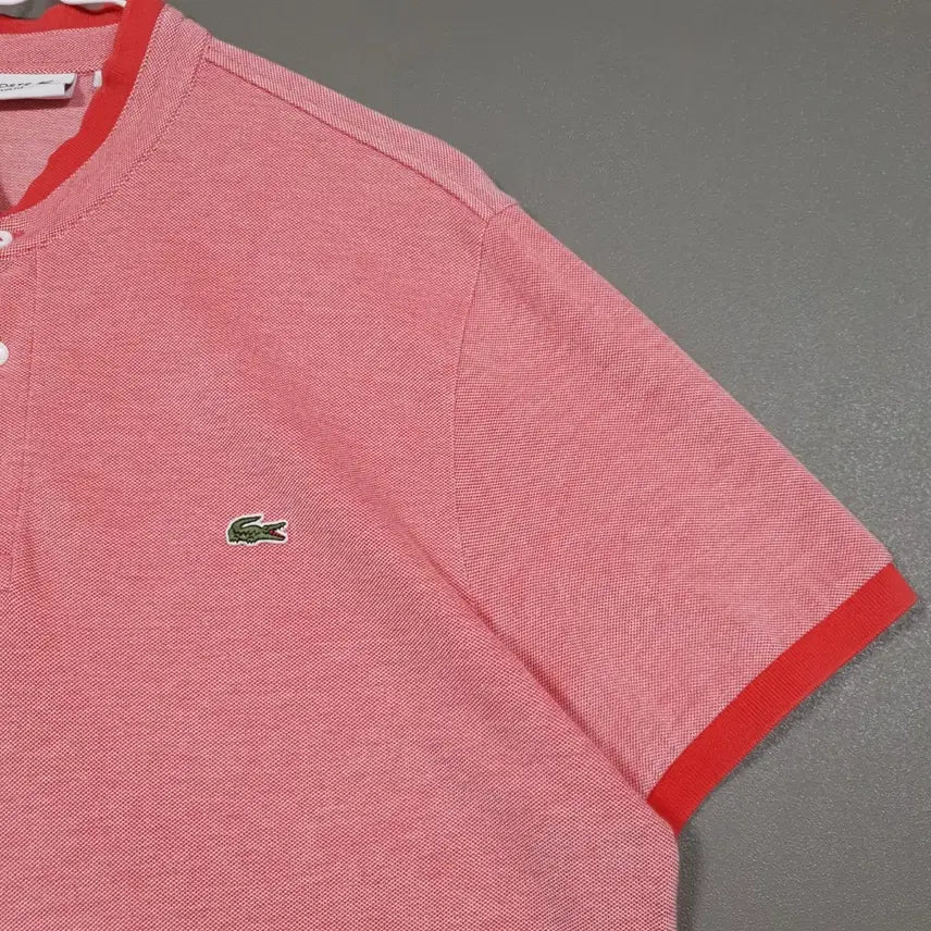 [BUNJANG] Lacoste Henley Neck Polo Shirt Red / 105) 라코스테 신형 배색 포인트 헨리넥 반팔 카라티 폴로 셔츠 레드