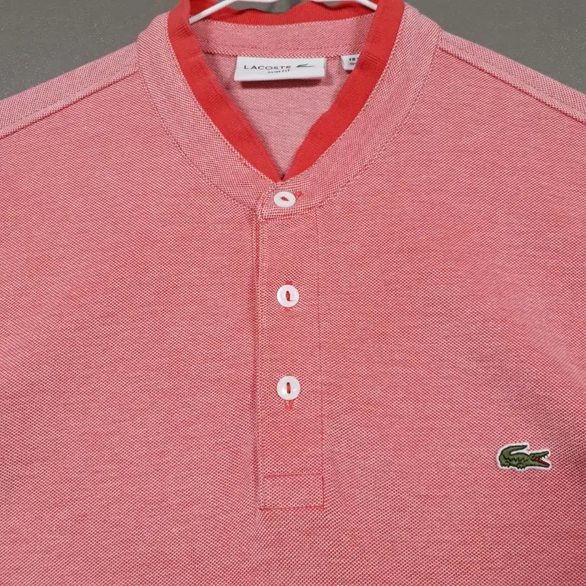 [BUNJANG] Lacoste Henley Neck Polo Shirt Red / 105) 라코스테 신형 배색 포인트 헨리넥 반팔 카라티 폴로 셔츠 레드