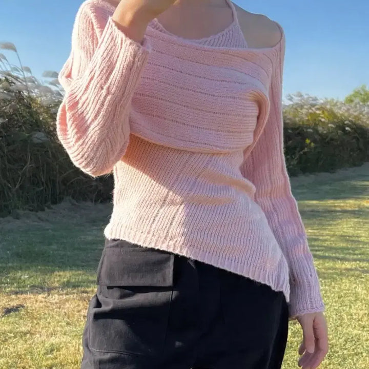 [BUNJANG] Ab HALTERNECK Bolero Pink Knit Top / 아브 홀터넥 볼레로 핑크 니트 한소희착용