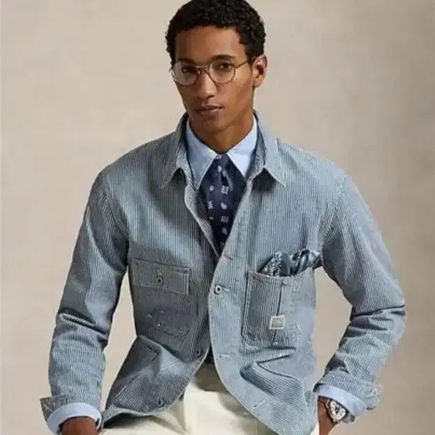 [BUNJANG] Polo Ralph Lauren Indigo Hickory Stripe Utility Jacket / [M] 폴로 랄프로렌 인디고 히코리 스트라이프 유틸리티 재킷