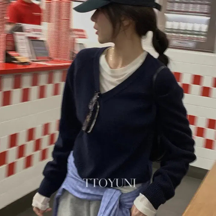 [BUNJANG] Teyuni Miel New Ribbed V-Neck Knit Sweater / 떠유니 미엘 miel 뉴리브드 브이넥 니트