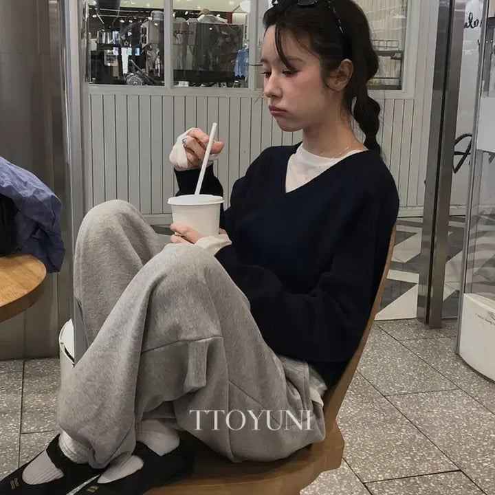 [BUNJANG] Teyuni Miel New Ribbed V-Neck Knit Sweater / 떠유니 미엘 miel 뉴리브드 브이넥 니트