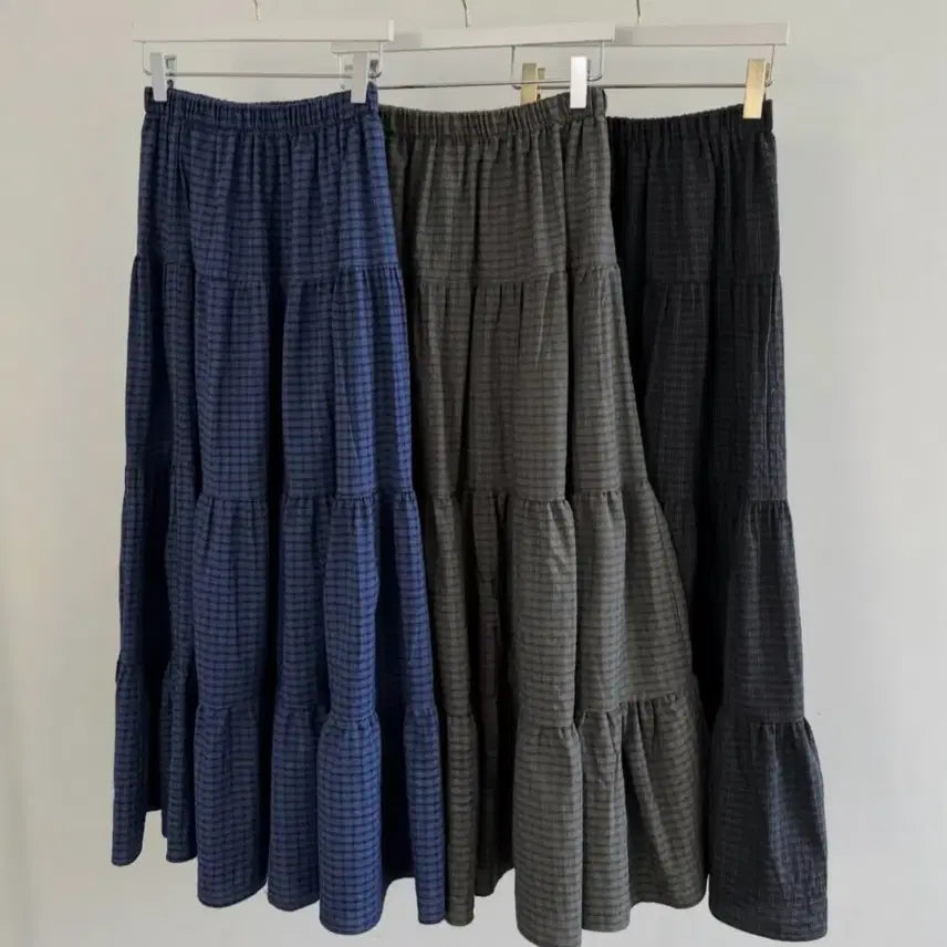 [BUNJANG] Rippleat Checkered 캉캉 Long Skirt / 새상품 리플랫 도매택 체크 캉캉 롱 스커트 밴딩