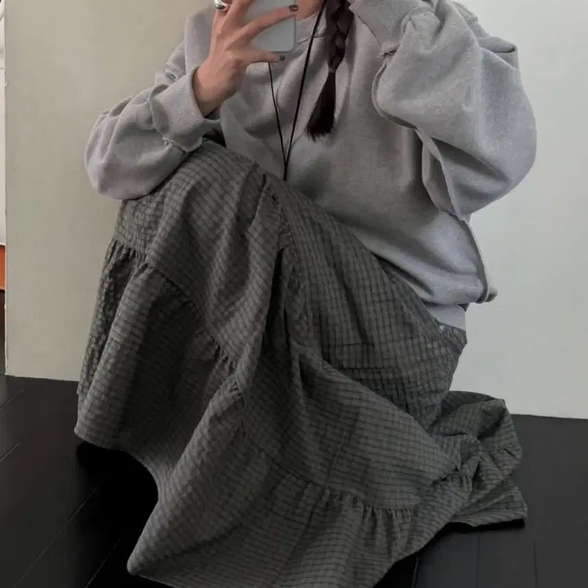 [BUNJANG] Rippleat Checkered 캉캉 Long Skirt / 새상품 리플랫 도매택 체크 캉캉 롱 스커트 밴딩