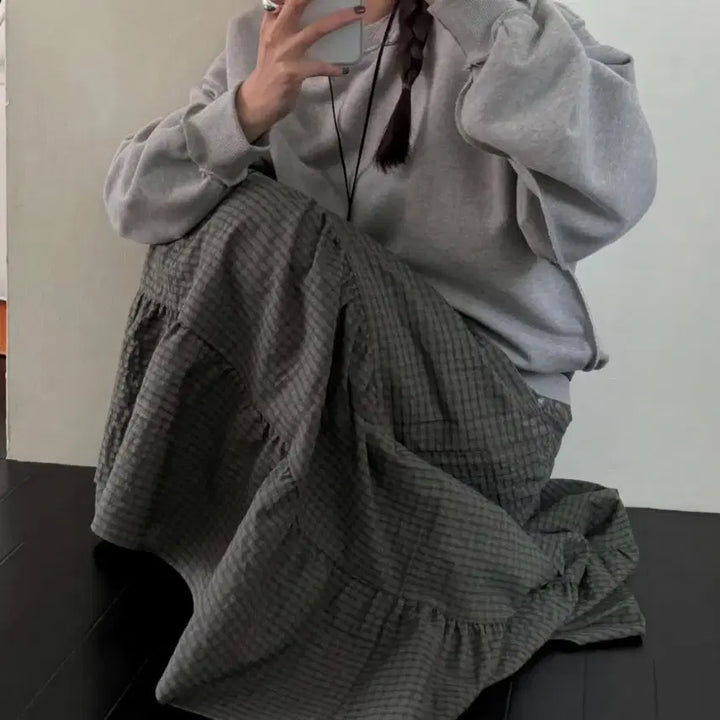[BUNJANG] Rippleat Checkered 캉캉 Long Skirt / 새상품 리플랫 도매택 체크 캉캉 롱 스커트 밴딩
