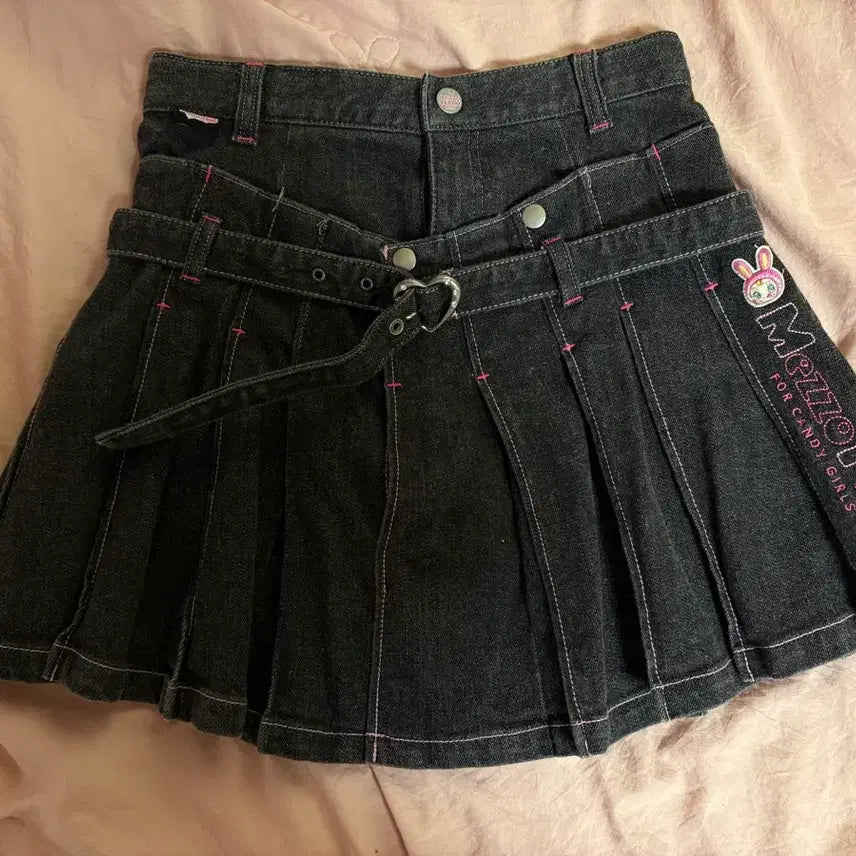 [BUNJANG] Mezzo Piano Pink Stitch Denim Pleated Skirt / 메조피아노 핑크 스티치 데님 플리츠 스커트 속치마O