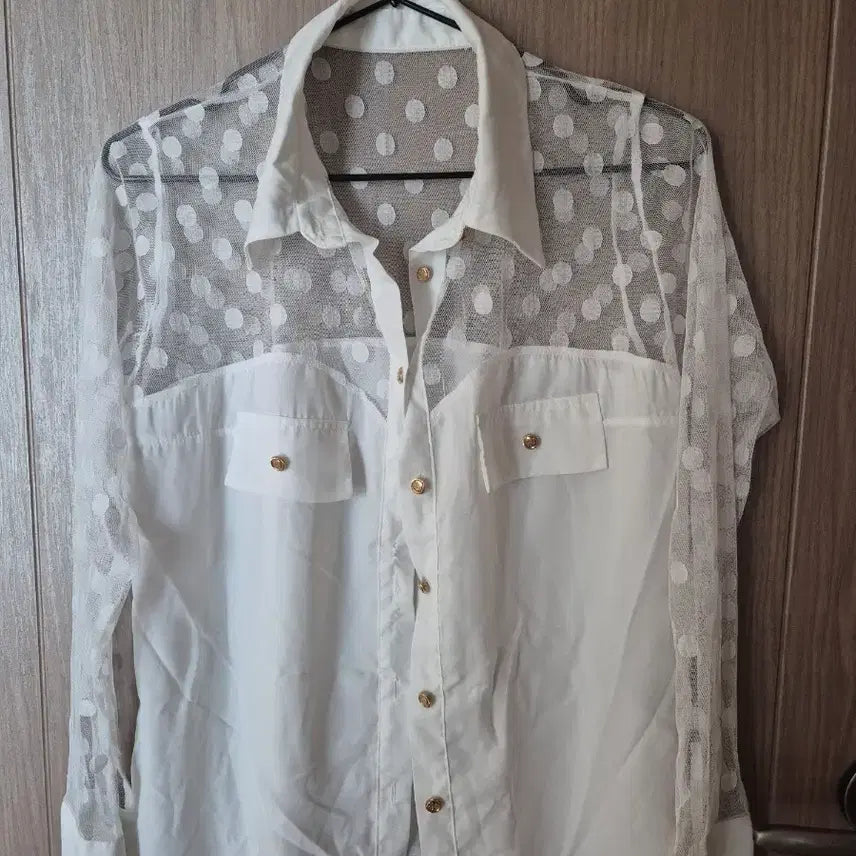 [BUNJANG] White Dot See-Through Blouse / 화이트 도트 시스루 블라우스