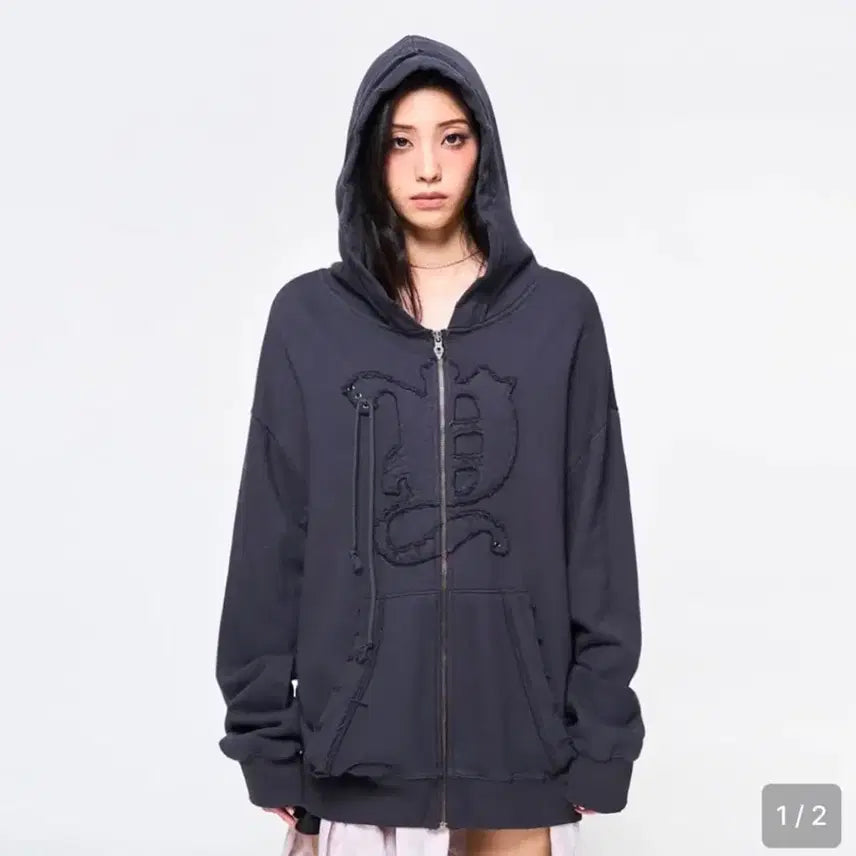 [BUNJANG] Yeel Back Tie Detail Hooded Zip-up Dark Gray S / Yeel back tie detail 후드집업 다크 그레이 s