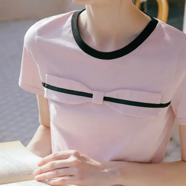 [BUNJANG] Dunlop Ribbon Straight Line Cropped T-shirt / 반값! 던드롭 리본 스트레이트 라인 심플 반팔 티셔츠 새상품