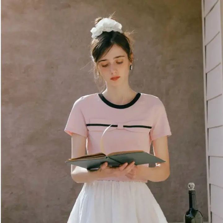 [BUNJANG] Dunlop Ribbon Straight Line Cropped T-shirt / 반값! 던드롭 리본 스트레이트 라인 심플 반팔 티셔츠 새상품