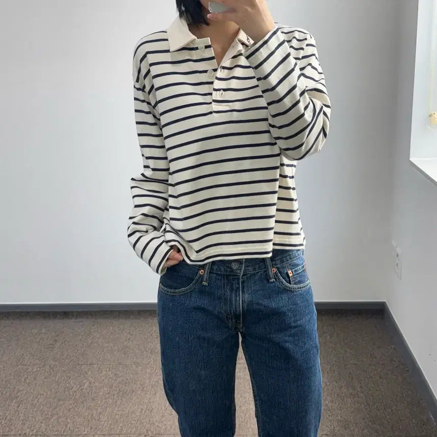 [SOLD OUT] Cos 코스 네이비 스트라이프 롱슬리브 카라티