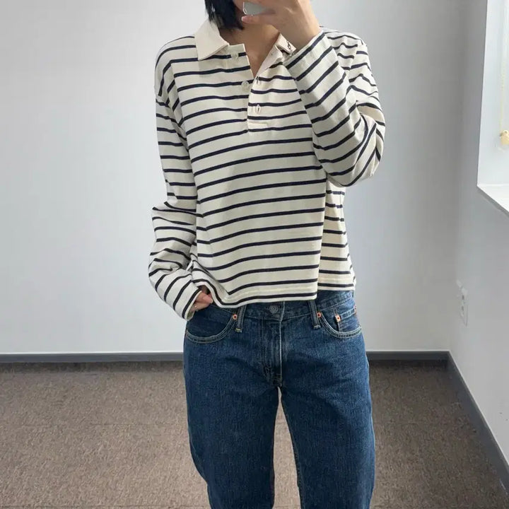 [SOLD OUT] Cos 코스 네이비 스트라이프 롱슬리브 카라티