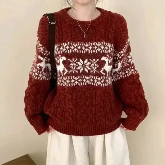 [BUNJANG] Peachmode Nordic Pattern Loose Fit Knit Sweater / 피치모드 꽈배기 루즈핏 니트 사슴/눈꽃 노르딕 패턴 에이블리