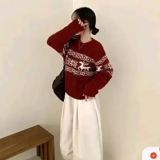 [BUNJANG] Peachmode Nordic Pattern Loose Fit Knit Sweater / 피치모드 꽈배기 루즈핏 니트 사슴/눈꽃 노르딕 패턴 에이블리