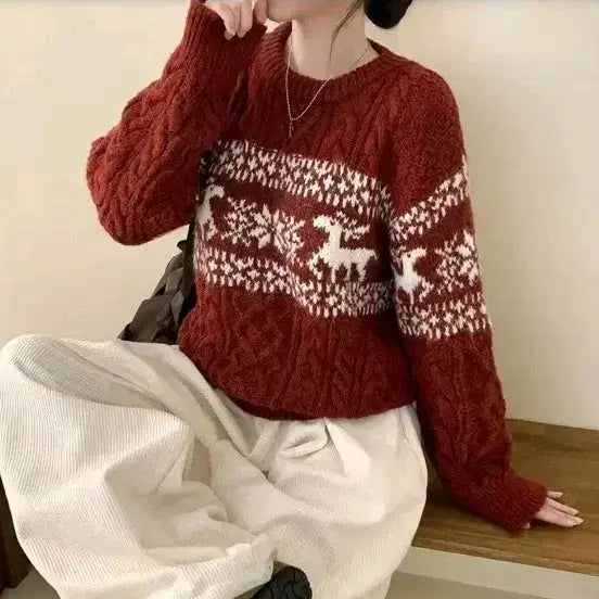 [BUNJANG] Peachmode Nordic Pattern Loose Fit Knit Sweater / 피치모드 꽈배기 루즈핏 니트 사슴/눈꽃 노르딕 패턴 에이블리