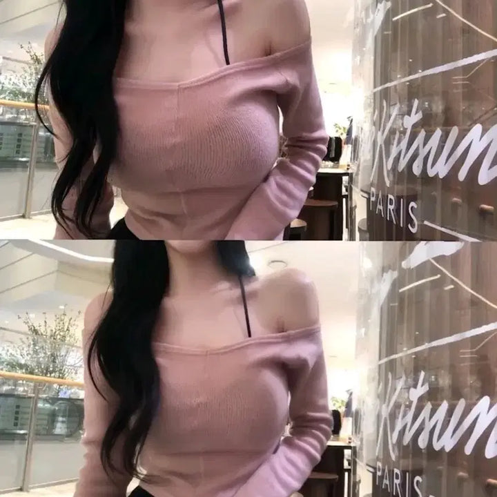 [BUNJANG] I Luv Sakura V-Neck Off-Shoulder Knit Top / 아이레브 사쿠라 브이넥 오프숄더 니트티 에이블리