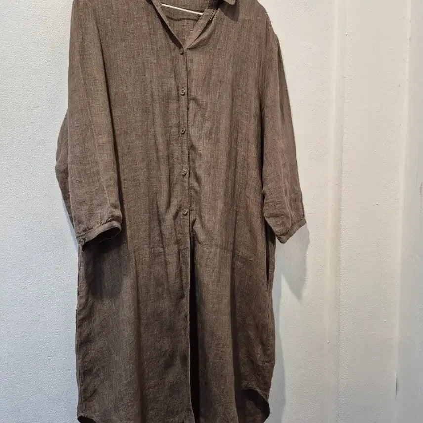 [BUNJANG] Linen Long Shirt Dress / 린넨 롱셔츠 브라운 컬러